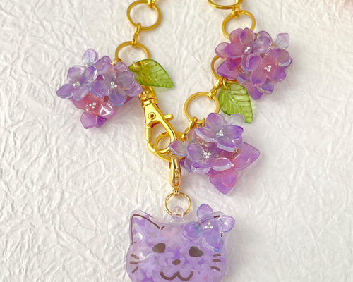 ハンドメイドチャーム　キーホルダー　レジン　紫陽花　勿忘草ブルーシェル　企画21 ハンドメイドチャーム キーホルダー レジン 紫陽花 勿忘草ブルー