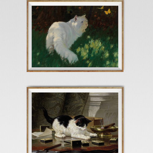 NO.575】いたずらをする子猫の絵画アートポスター☆油絵黒