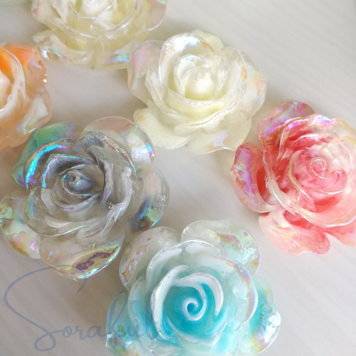 4個】ホログラムカラーの薔薇カボション バラ ローズ 大きめ 32mm