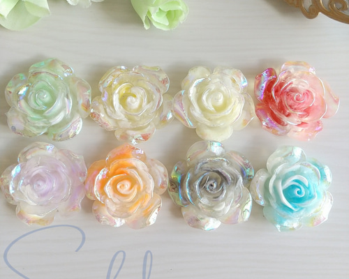 4個】ホログラムカラーの薔薇カボション バラ ローズ 大きめ 32mm