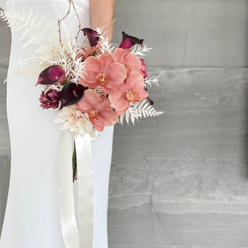 くすみオレンジ胡蝶蘭♪ドライ風 ウェディングブーケ ブートニア付き