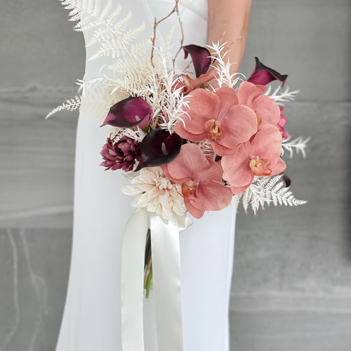 くすみオレンジ胡蝶蘭♪ドライ風 ウェディングブーケ ブートニア付き