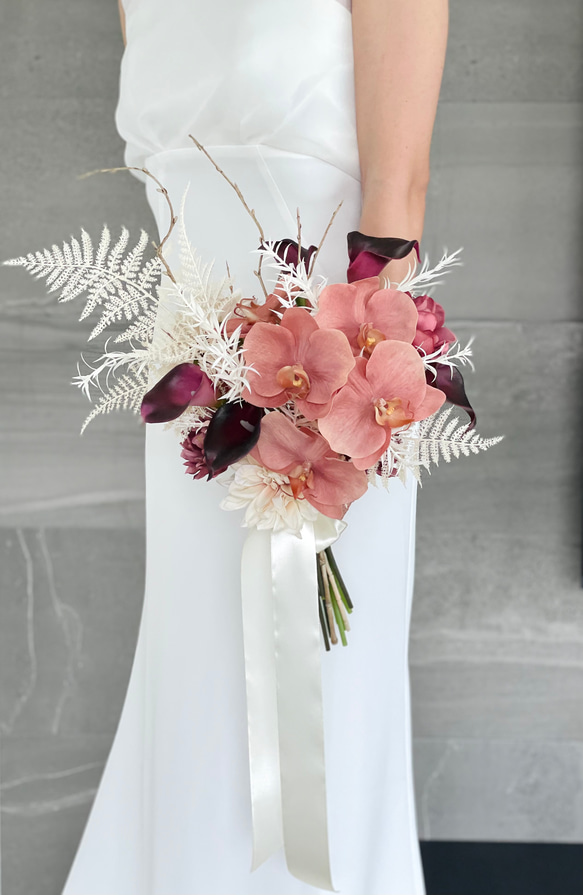 【USED】胡蝶蘭とシンビジウムのウェディングブーケ&ブートニア シンビジウムと胡蝶蘭のウェディングブーケ&ブートニア＆ヘア