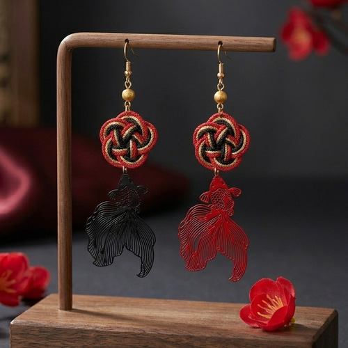 和風】梅結びと金魚のピアス(イヤリング)（色オーダー可能）【浴衣
