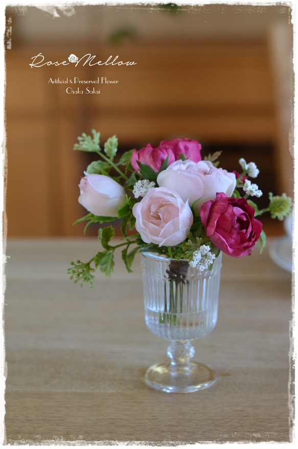 【Creema限定】フェイクウォーター・シェルピンクとラズベリー色のバラが可愛いミニブーケ　　 7枚目の画像