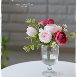 【Creema限定】フェイクウォーター・シェルピンクとラズベリー色のバラが可愛いミニブーケ　　 3枚目の画像