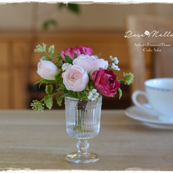 【Creema限定】フェイクウォーター・シェルピンクとラズベリー色のバラが可愛いミニブーケ　　 8枚目の画像