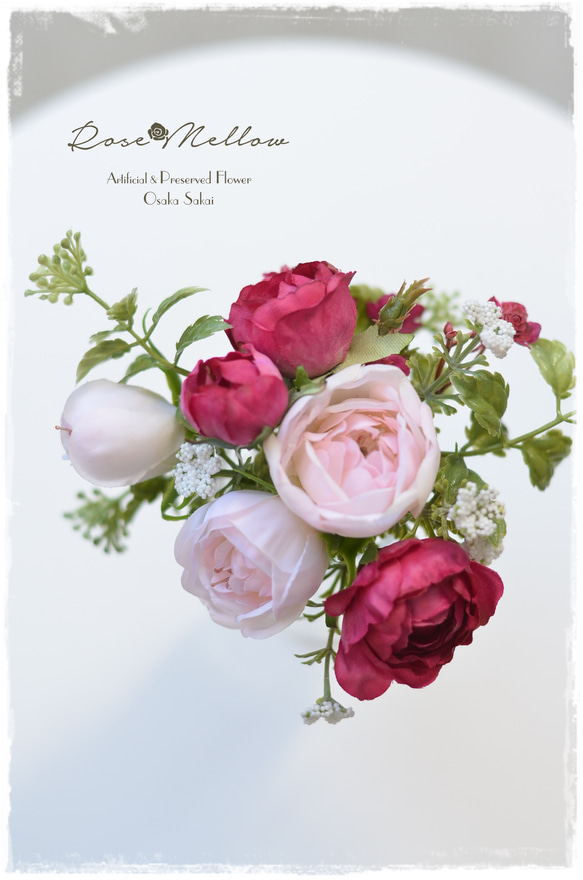 【Creema限定】フェイクウォーター・シェルピンクとラズベリー色のバラが可愛いミニブーケ　　 6枚目の画像