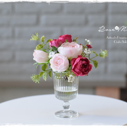 【Creema限定】フェイクウォーター・シェルピンクとラズベリー色のバラが可愛いミニブーケ　　 1枚目の画像