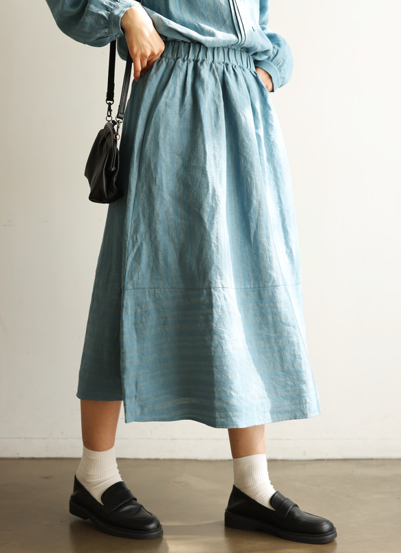 青空のように清々しい水色のストライプスカート　リネンスカート　青　240510-1 6枚目の画像