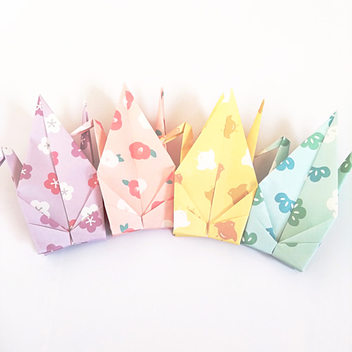 15cm折紙使用 折り鶴【首折り】パステルカラー和風柄4種 48羽
