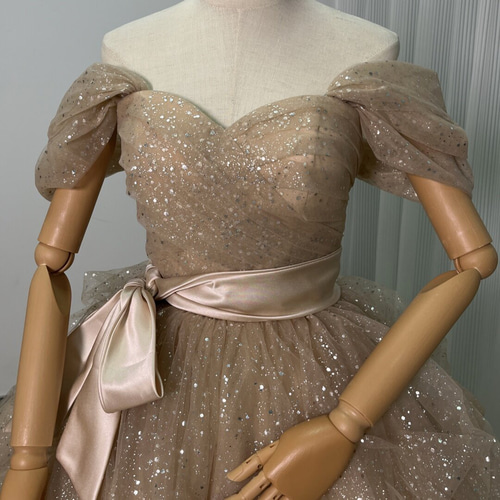 送料無料！カラードレス シャンパン色 取り外しオフショルダー  