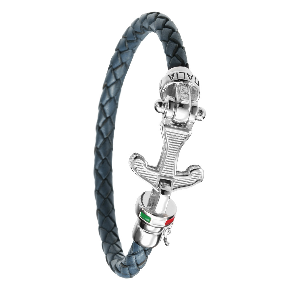 【セール】レザーとシルバー925のブレスレット「アンコラ（錨）」ネイビー【送料無料】