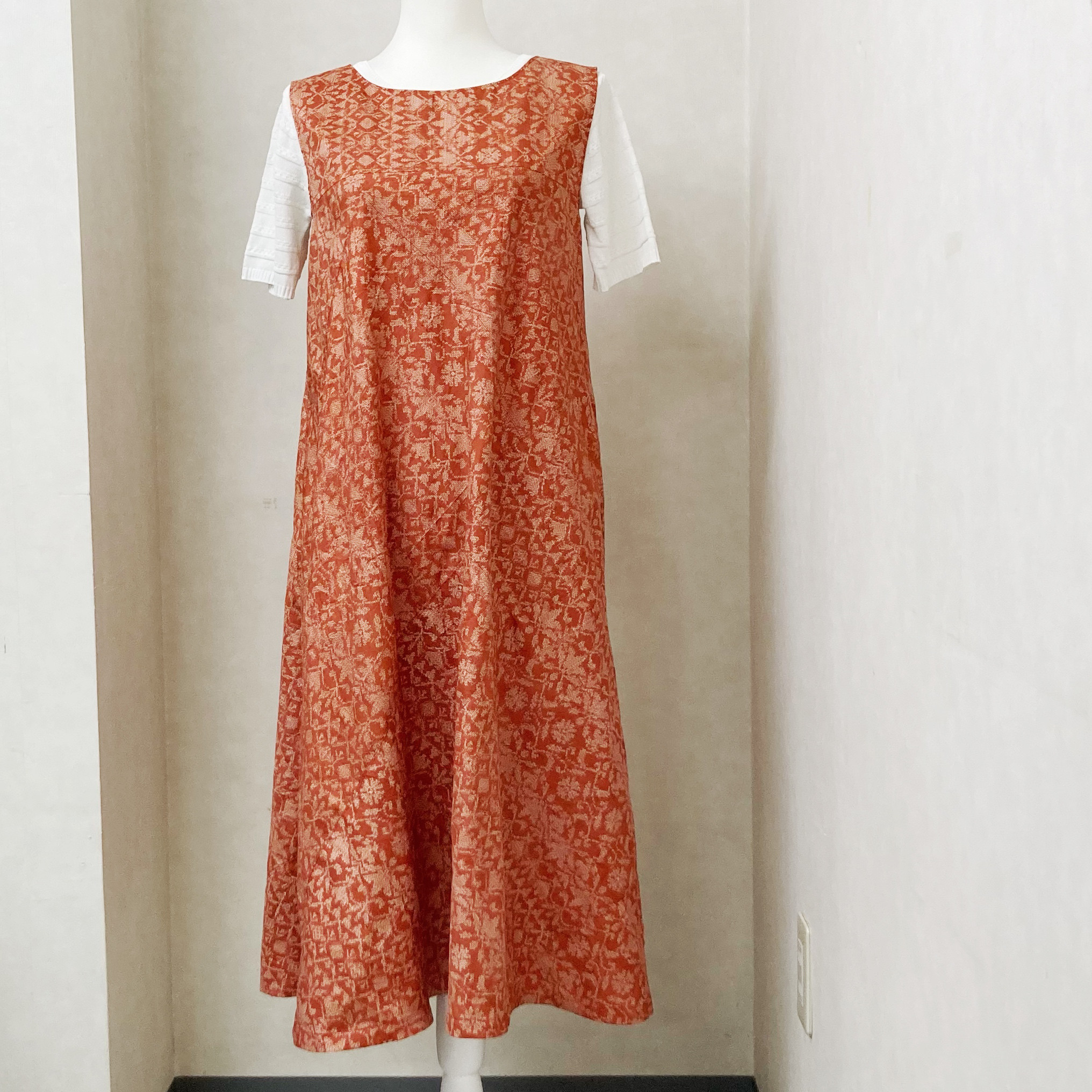 正絹大島紬】Aラインワンピース＆手さげグラニーバック着物リメイク1834