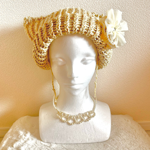 handmade♡ふわふわのタオルヤーン猫耳ニット帽ベージュ 1点