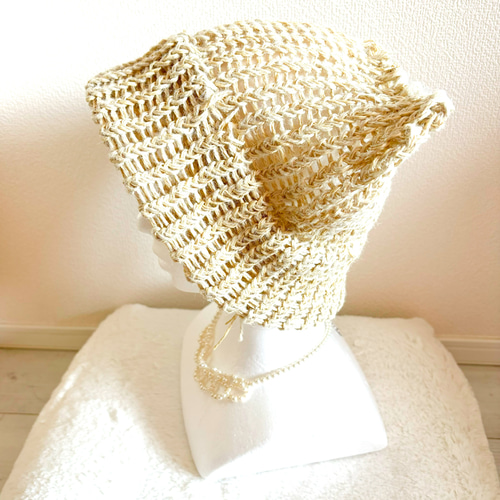 handmade♡ふわふわのタオルヤーン猫耳ニット帽ベージュ 1点