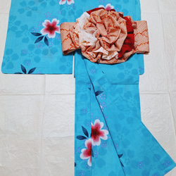 ワンタッチ浴衣　くらわん浴衣　鮮やか水色桜模様 4枚目の画像