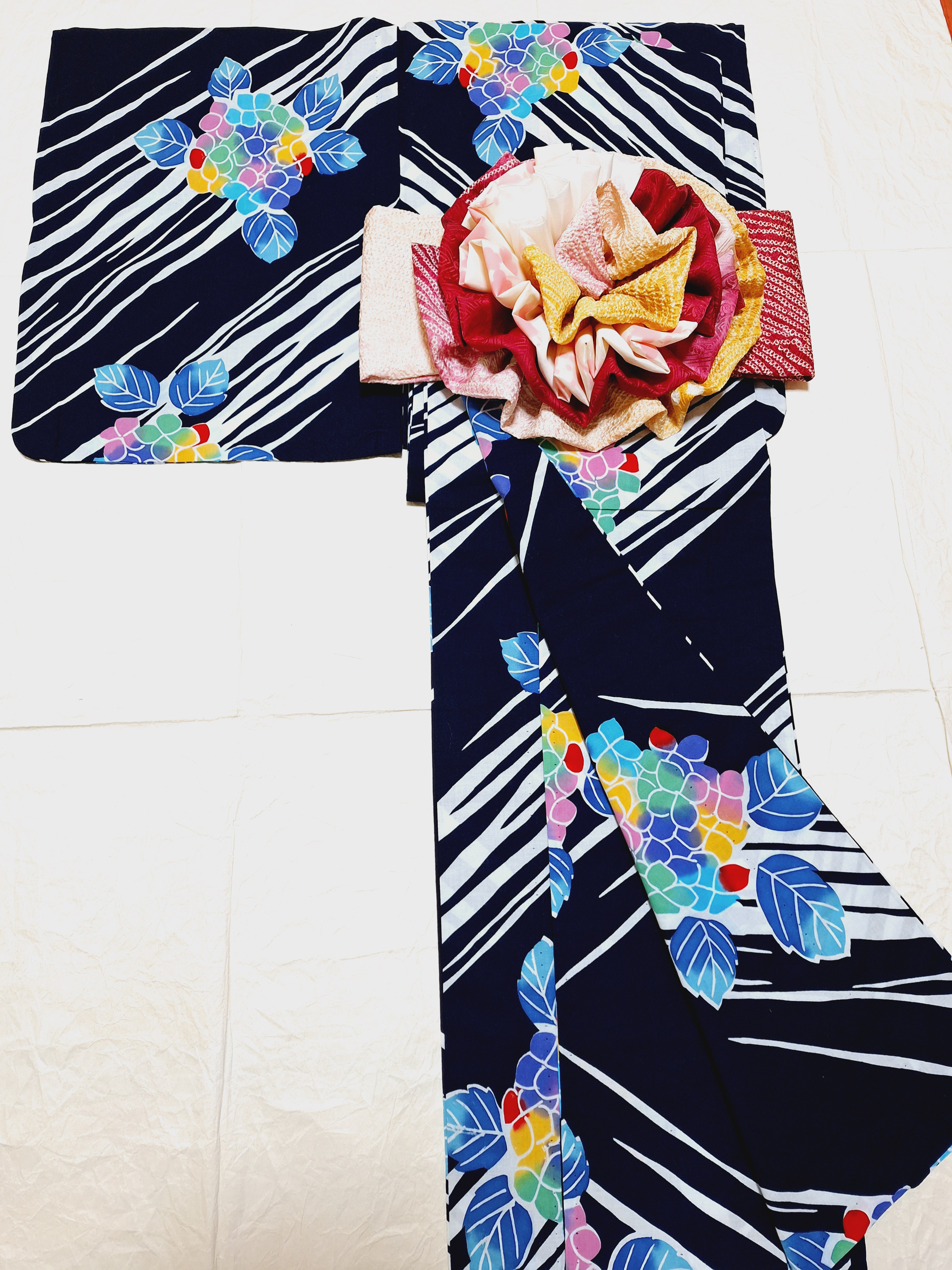 ワンタッチ浴衣　くらわん浴衣　濃紺斜線カラフル紫陽花文様