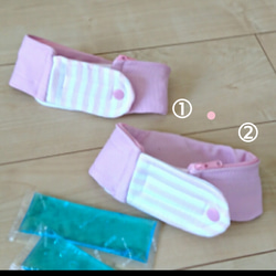 キッズ用ネッククーラー・熱中症予防・幅6×54㎝（ピンクと白ボーダ）ファスナータイプの保冷剤ポケット付・クールタオル生地 2枚目の画像