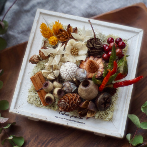 ホワイト＊スクエアフレームアレンジメント】ドライフラワー 木の実  