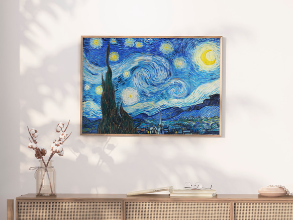 丸型原画「星月夜」アート/新品/青系/インテリア/絵画 ゴッホ「星月夜」 アートポスター ブルー インテリアアート 有名絵画
