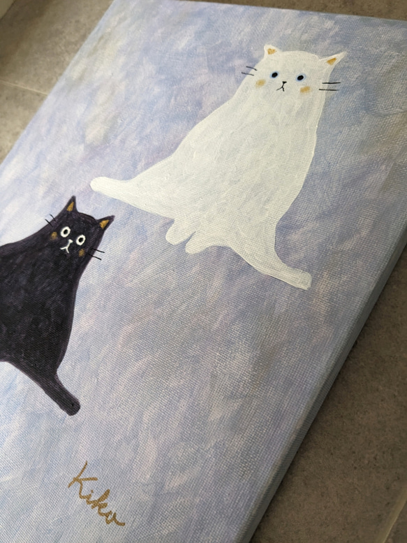 キャンバスアート　原画　「白い猫と黒い猫」 2枚目の画像