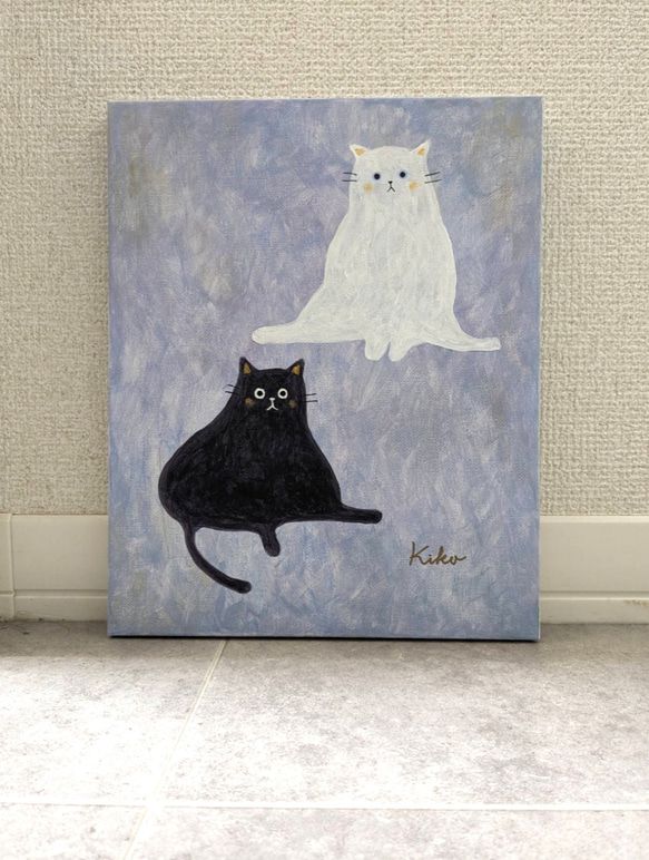 キャンバスアート　原画　「白い猫と黒い猫」 1枚目の画像