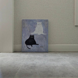 キャンバスアート　原画　「白い猫と黒い猫」 6枚目の画像