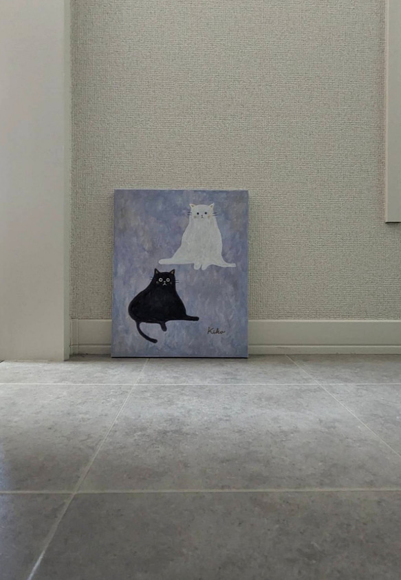 キャンバスアート　原画　「白い猫と黒い猫」 6枚目の画像