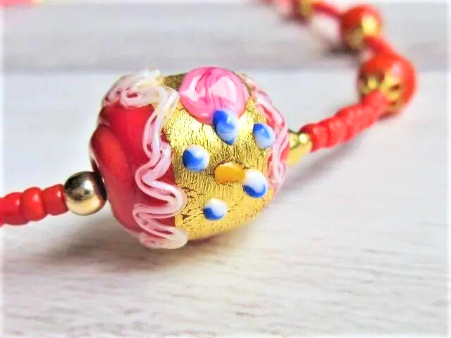 【B73】　ネックレス　とんぼ玉　ヴェネチアン　本金彩作家　本珊瑚　天然石　天然石ビーズアクセサリー