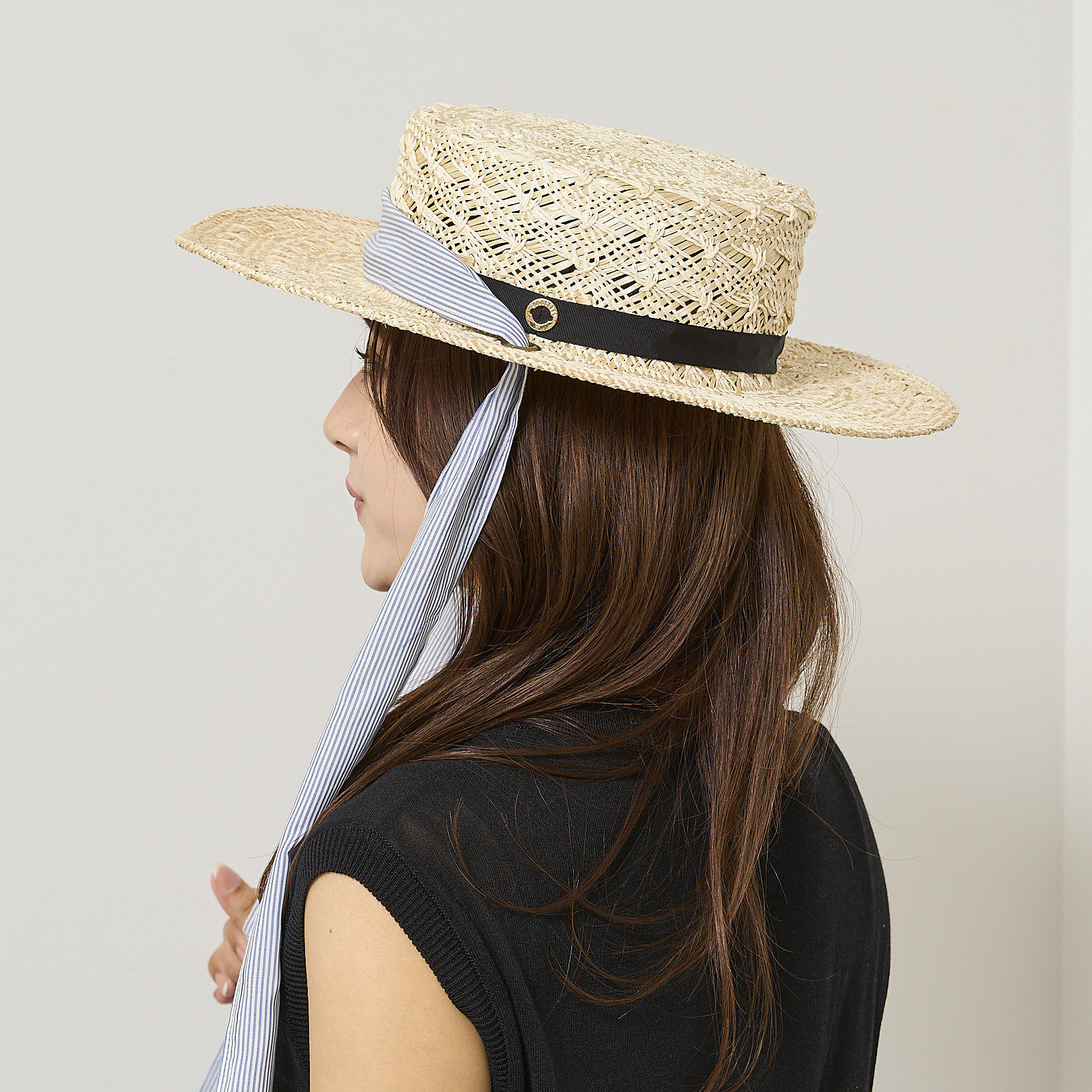 【2WAY・サイズ調節可能】Wリボンレース編み帽体キャノチエ　BLU×WHT　241-11-200