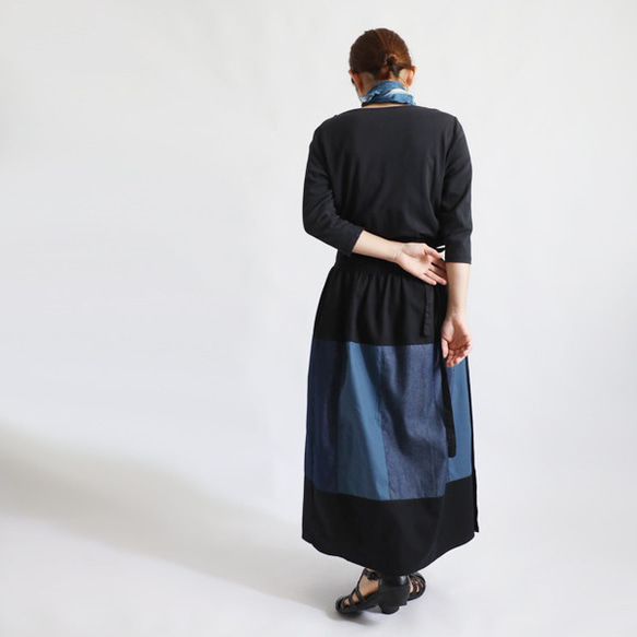新作　愉快なパッチワーク巻きスカート　ポケット付　甘織デニム チノコットン　ベビーキャンバス　フリー　Y34 6枚目の画像