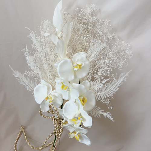 胡蝶蘭 ホワイト 叶結び 大人上品 和装ウェディングブーケ/ホワイト