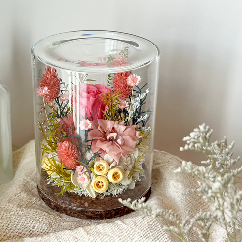 □ガラスに閉じ込めた花の庭・ピンク□ ガラスドーム プリザーブド 