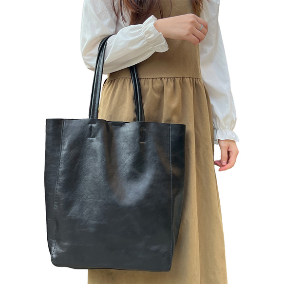 トートバッグ 縦長 A4 本革 レザー ヌメ革 肩掛け シンプル カジュアル ビジネス メンズ レディース ブラック 黒 14枚目の画像