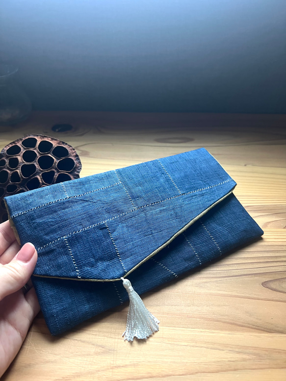 割引 「青とチェック」麻ポジャギ 藍ポジャギ（古麻×蚊帳）／Hotta