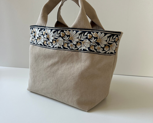ソレイアード　帆布　インド刺繍リボン　トートバック　グラニーバッグ　3点 新色◇インド刺繍リボンとクッタリ帆布のトートバッグ◇tulle