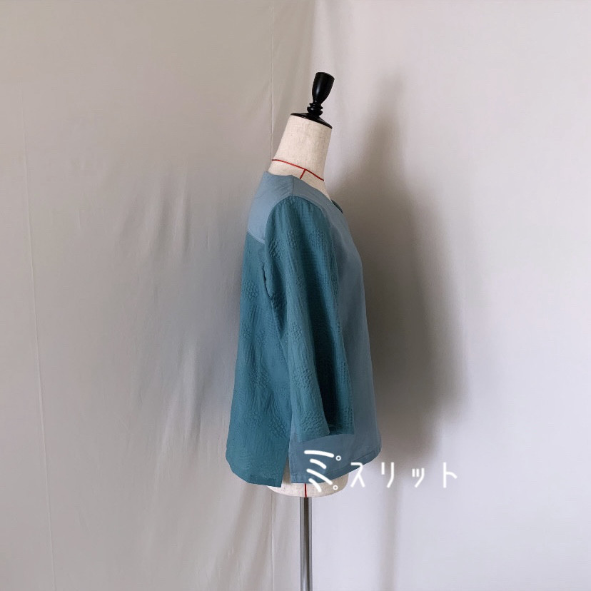 【ダブルガーゼとリップル生地】なみなみネックのプルオーバー/7分袖/グリーン【くが屋】