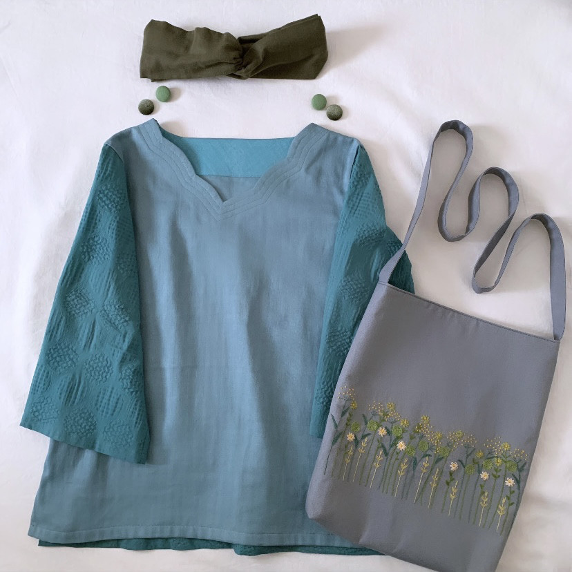 【ダブルガーゼとリップル生地】なみなみネックのプルオーバー/7分袖/グリーン【くが屋】