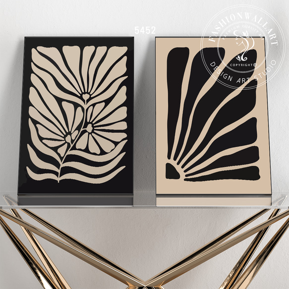 アートポスター モダン 植物モチーフ ブラックとベージュの調和 2枚セット 5452 1枚目の画像