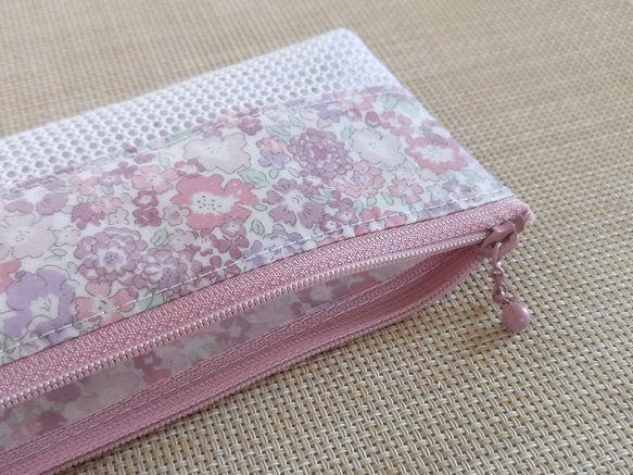 ハンドメイド　歯ブラシケース　ラミネートポーチ　メッシュポーチ　リバティ　キラキラミシェル　くすみピンク 4枚目の画像