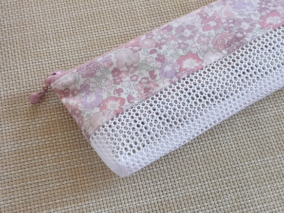 ハンドメイド　歯ブラシケース　ラミネートポーチ　メッシュポーチ　リバティ　キラキラミシェル　くすみピンク 3枚目の画像
