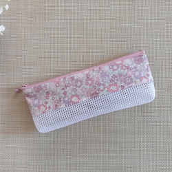 ハンドメイド　歯ブラシケース　ラミネートポーチ　メッシュポーチ　リバティ　キラキラミシェル　くすみピンク 2枚目の画像