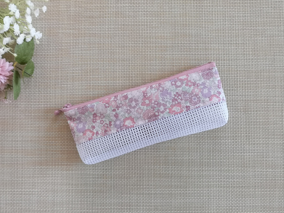 ハンドメイド　歯ブラシケース　ラミネートポーチ　メッシュポーチ　リバティ　キラキラミシェル　くすみピンク 2枚目の画像