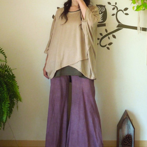 セール(SALE)開催中！ファッション通販 asana ヘンプコットン 厚手 フレアーパンツ○草木染め麻墨グレー Tシャツ(長袖+七分)