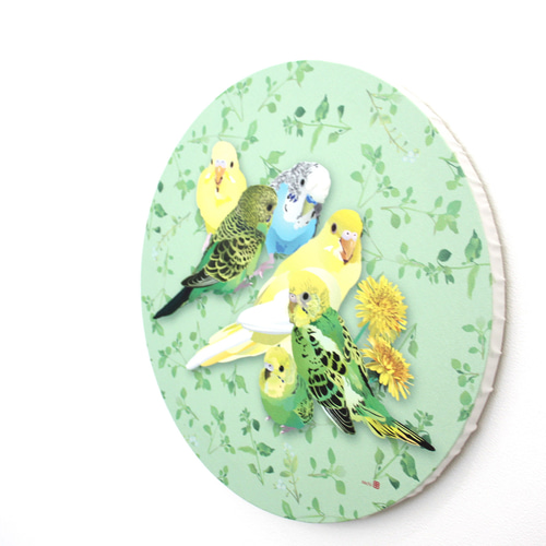 円形パネル作品「セキセイインコとひよこ草」【30cm】 写真