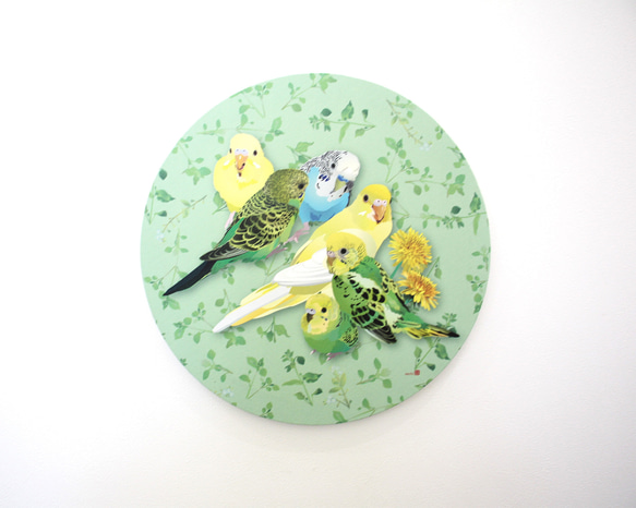 円形パネル作品「セキセイインコとひよこ草」【30cm】 写真