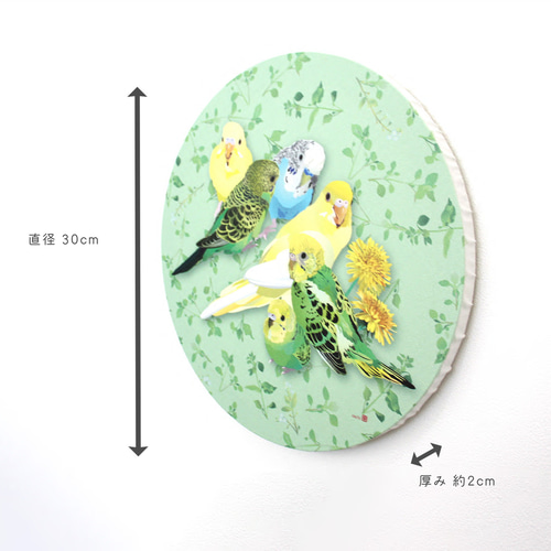 円形パネル作品「セキセイインコとひよこ草」【30cm】 写真