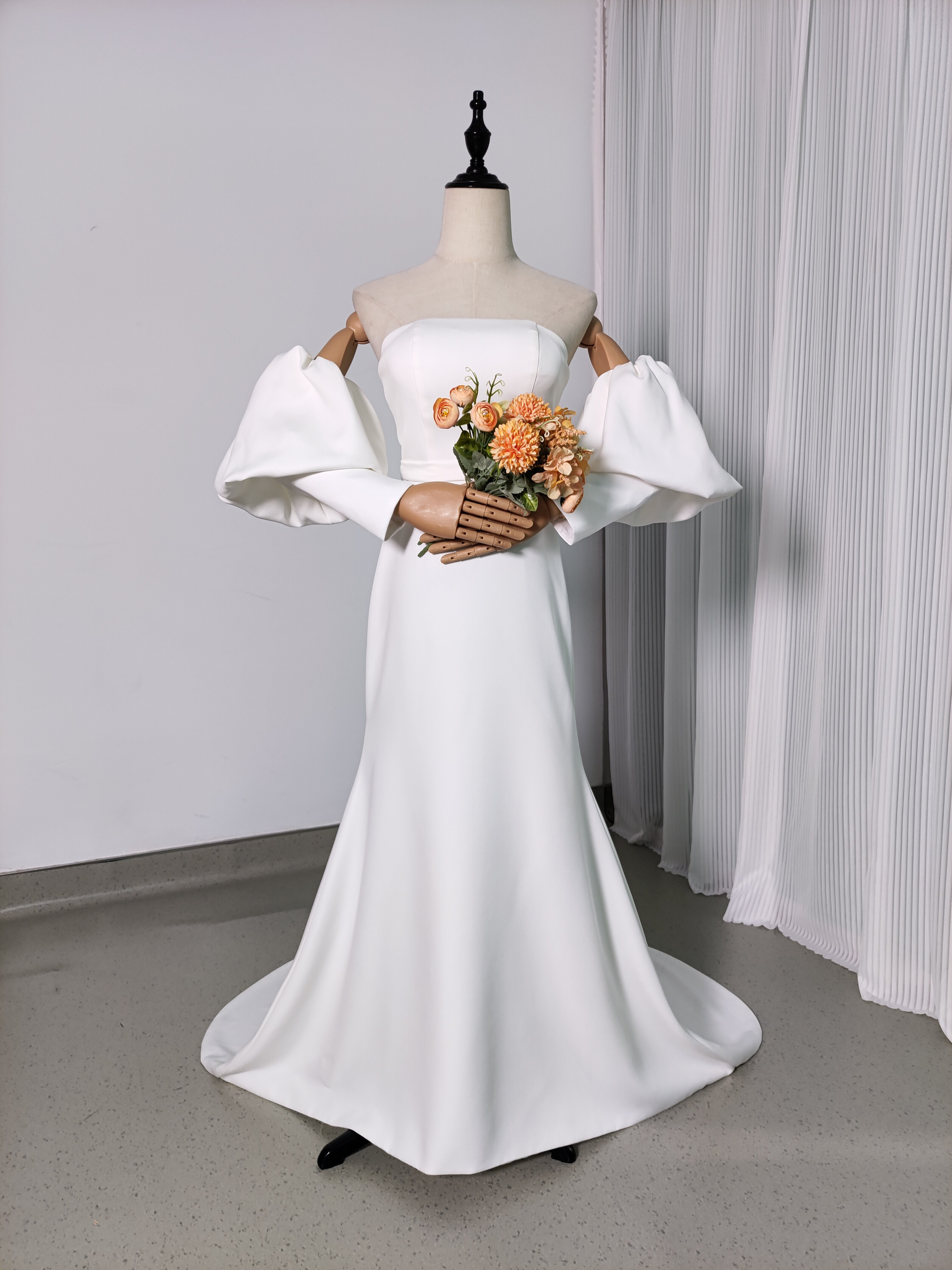 送料無料！パーティードレス パフスリーブ ファスナー クレープ生地 ロングスリーブ 2次会 前撮り