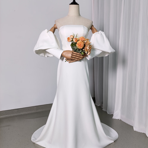 送料無料！パーティードレス パフスリーブ ファスナー クレープ生地  